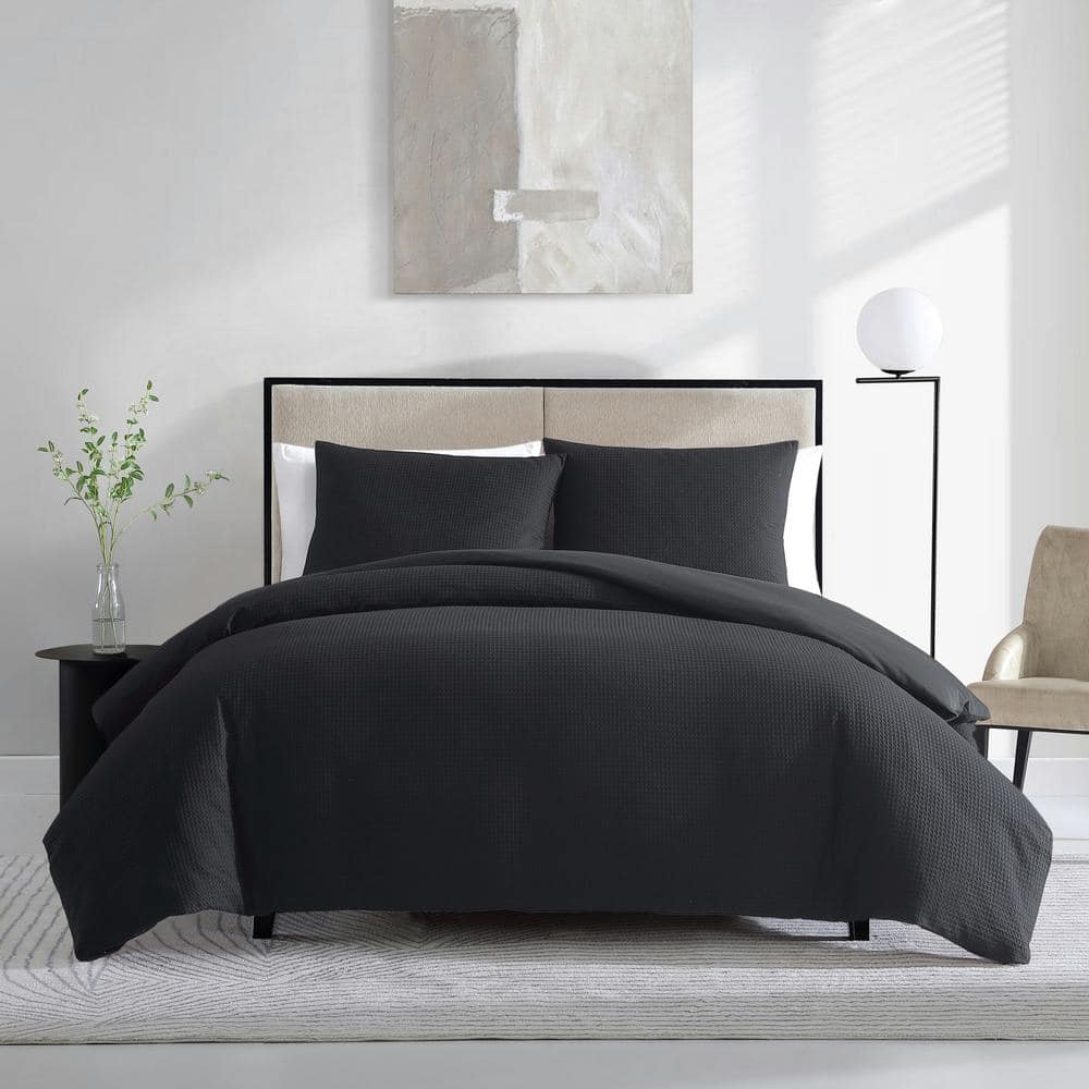 Vera Wang Waffle Pique Cotton 3 Piece Duvet Cover Set, King - Black - Bellso